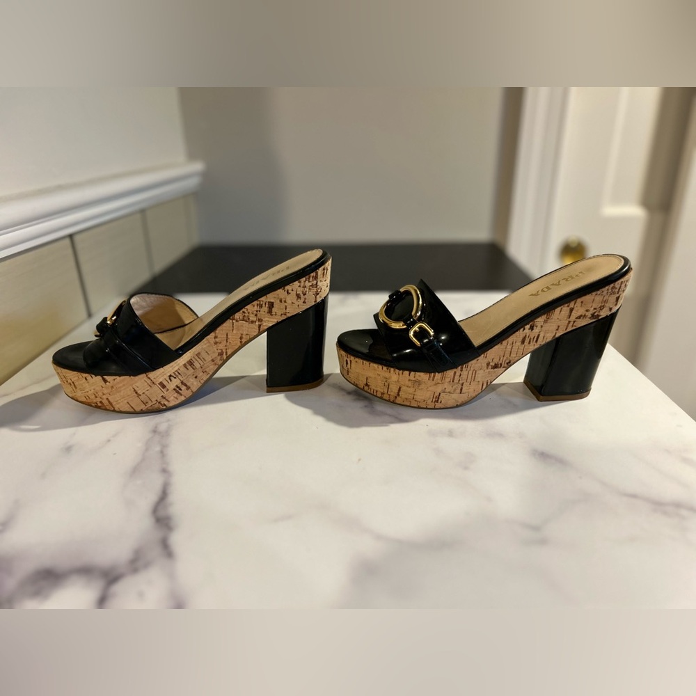 Prada Cork Platform Horsebit Patent Leather Slides 37 - Picture 4 of 10